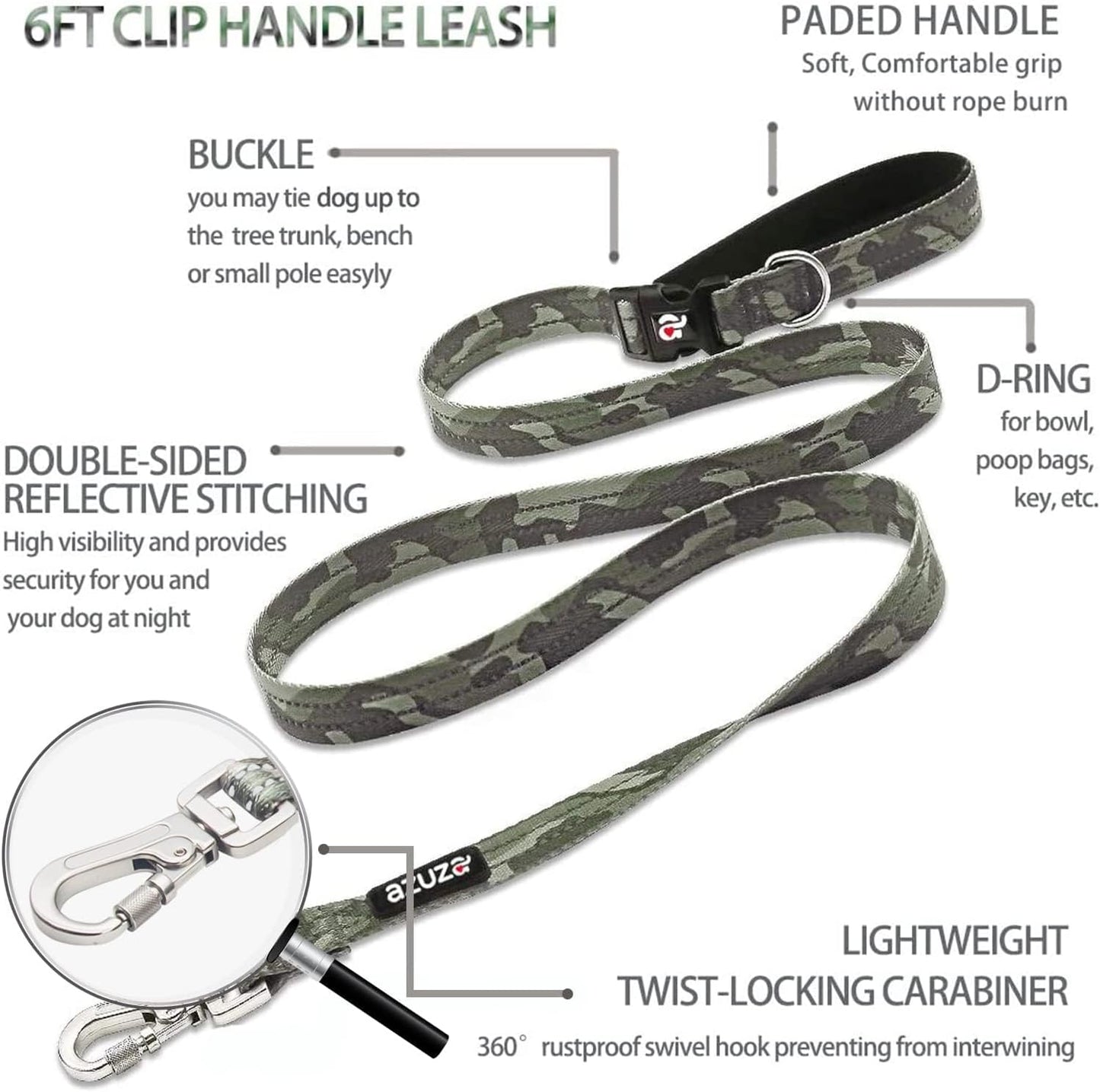 Reflective Dog Collar and Leash Set with Airtag Holder, Green Camo Padded Collar with Matching Clip Handle Leash for Medium Dogs