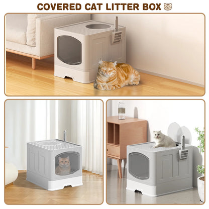 Extra Large Foldable Cat Litter Box with Cat Litter Scoop, Front Entry Top Exit Cat Litter Pan with Lid, Enclosed Anti-Splashing Cat Kitty Litter Box, Drawer Type Cat Litter Easy Cleaning and Scoop