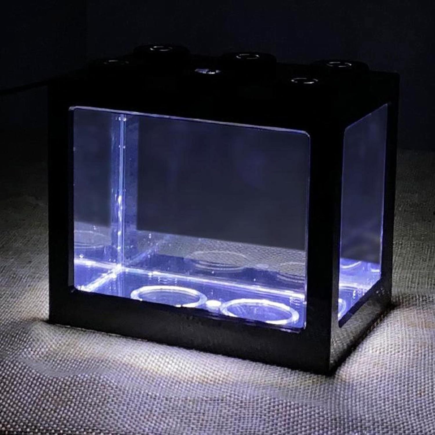 Mini Fish Tanks Betta Fish Tank Aquarium Tank Building Block Fish Bowl Office Table Decoration Home Decor LED Light Feeding Box - Black