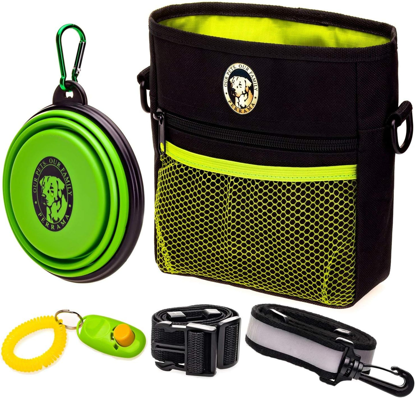 Dog Treat Pouch - Premium Training Treat Bag with Clicker and Collapsible Bowl for Dogs, Adjustable Waist and Shoulder Reflective Straps and Belt Clip, Ideal for Pet Obedience and Agility Training