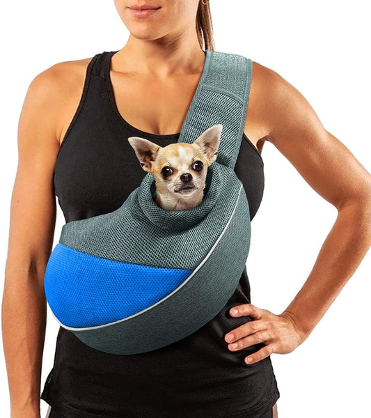 Dog Cat Sling Carrier Adjustable Padded Shoulder Strap with Mesh Pocket for Outdoor Travel (M - up to 10 Lbs, Blue-Mesh)