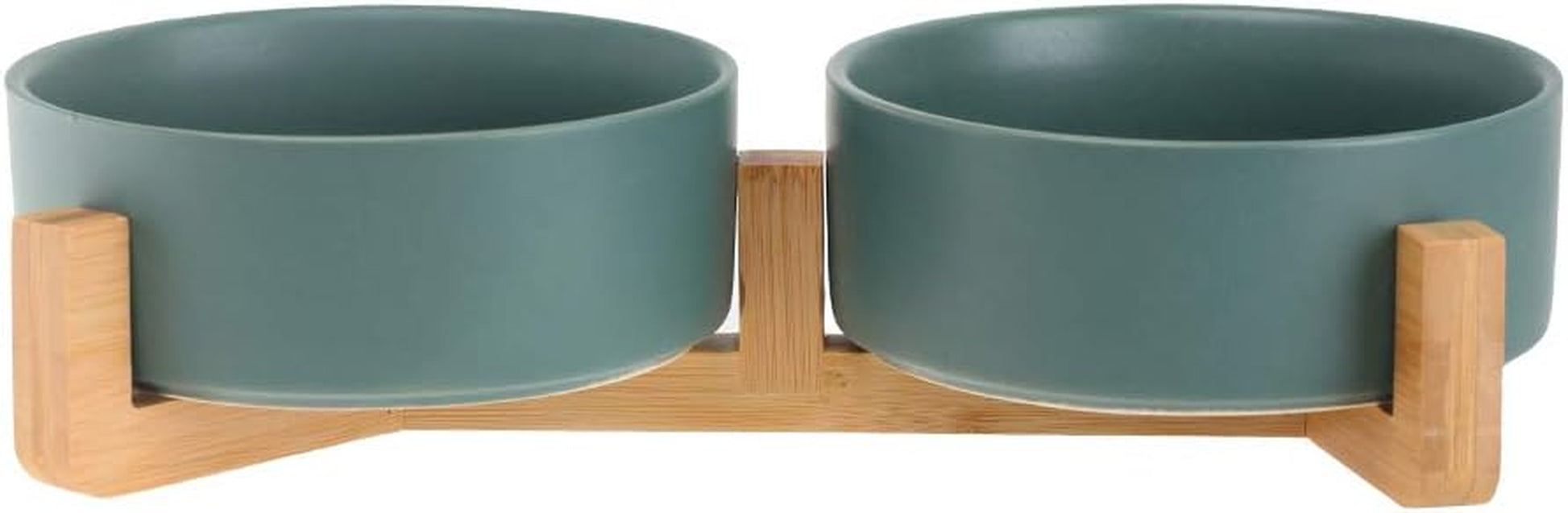 Green Ceramic Cat Dog Bowl Dish with Wood Stand No Spill Pet Food Water Feeder Cats Small Dogs Set of 2