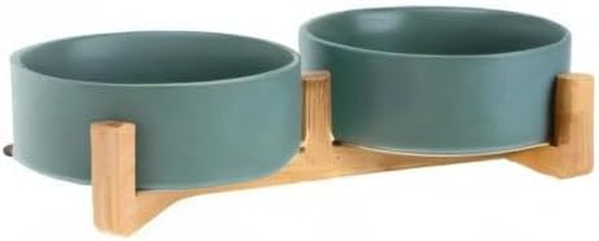 Green Ceramic Cat Dog Bowl Dish with Wood Stand No Spill Pet Food Water Feeder Cats Small Dogs Set of 2