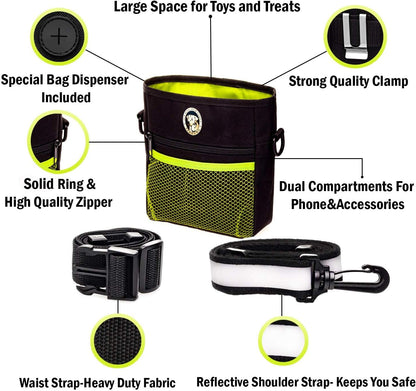 Dog Treat Pouch - Premium Training Treat Bag with Clicker and Collapsible Bowl for Dogs, Adjustable Waist and Shoulder Reflective Straps and Belt Clip, Ideal for Pet Obedience and Agility Training