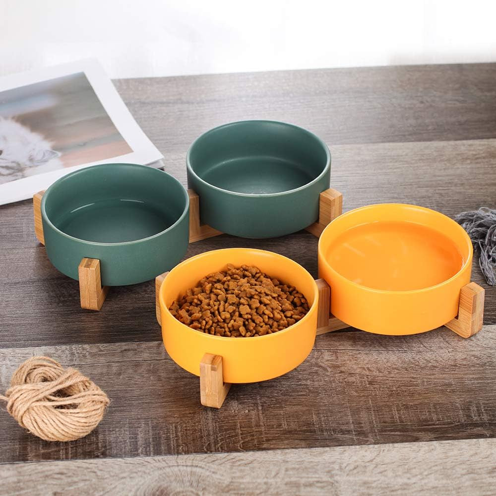 Green Ceramic Cat Dog Bowl Dish with Wood Stand No Spill Pet Food Water Feeder Cats Small Dogs Set of 2