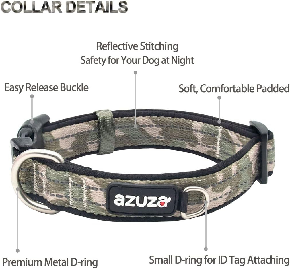 Reflective Dog Collar and Leash Set with Airtag Holder, Green Camo Padded Collar with Matching Clip Handle Leash for Medium Dogs