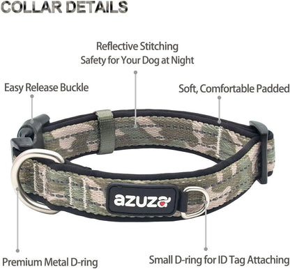 Reflective Dog Collar and Leash Set with Airtag Holder, Green Camo Padded Collar with Matching Clip Handle Leash for Medium Dogs