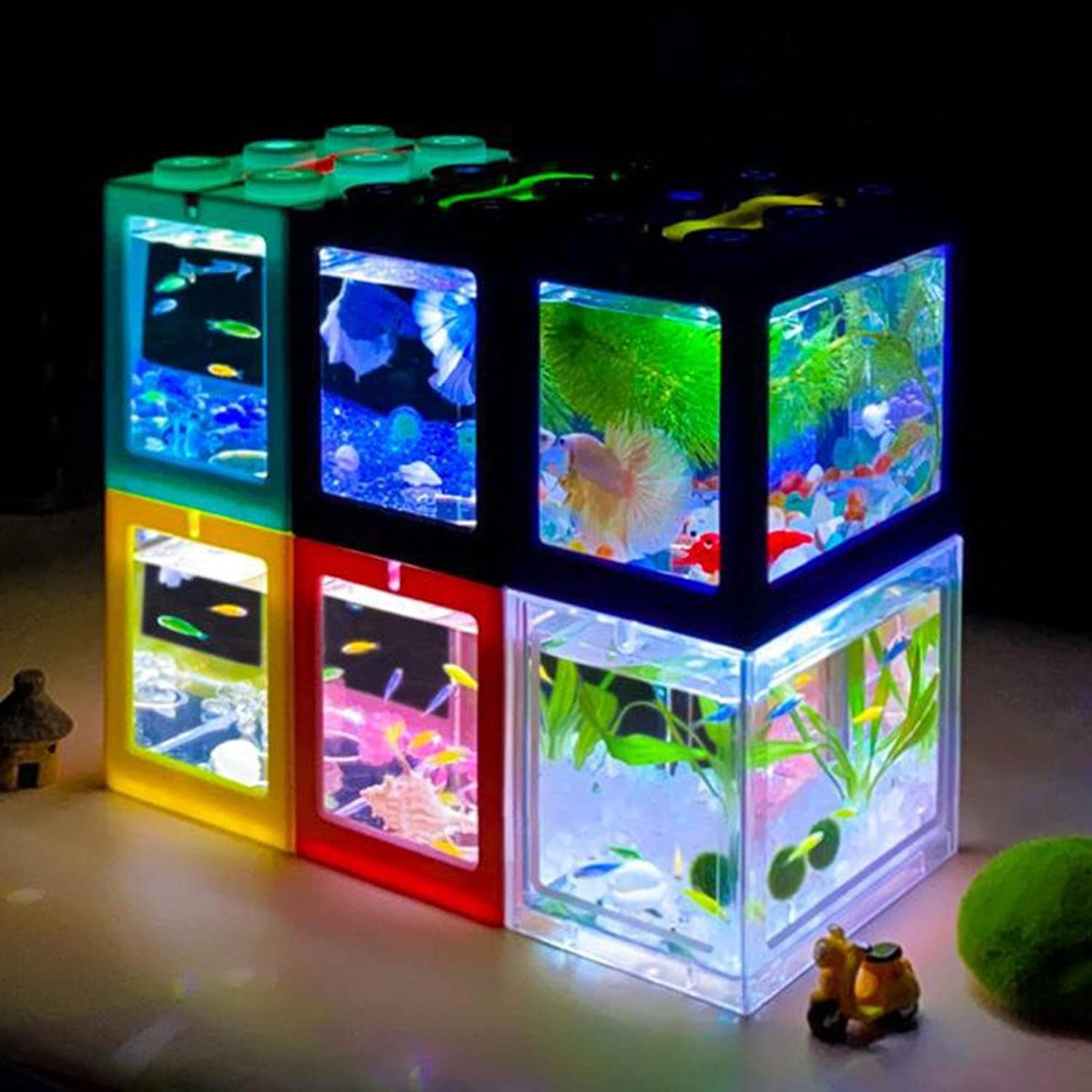 Mini Fish Tanks Betta Fish Tank Aquarium Tank Building Block Fish Bowl Office Table Decoration Home Decor LED Light Feeding Box - Black