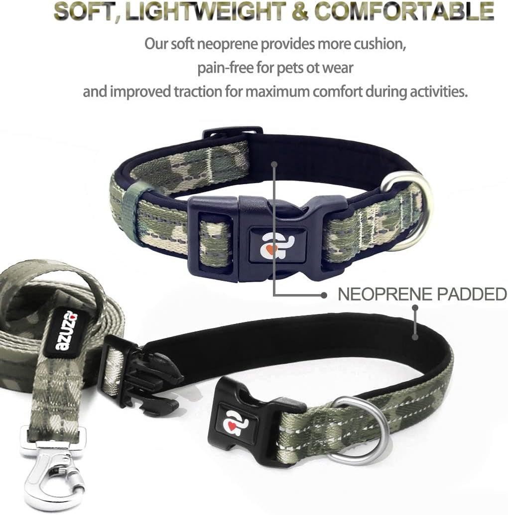 Reflective Dog Collar and Leash Set with Airtag Holder, Green Camo Padded Collar with Matching Clip Handle Leash for Medium Dogs