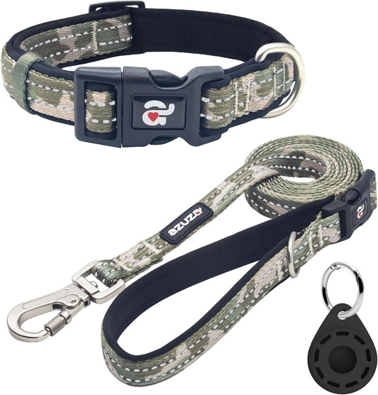 Reflective Dog Collar and Leash Set with Airtag Holder, Green Camo Padded Collar with Matching Clip Handle Leash for Medium Dogs