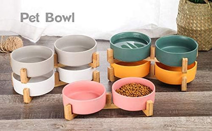 Green Ceramic Cat Dog Bowl Dish with Wood Stand No Spill Pet Food Water Feeder Cats Small Dogs Set of 2